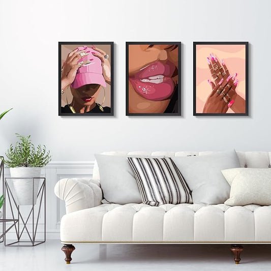 Hianan Fashion Black Girl Canvas Wall Art Modern Trendy African American Black Woman Poster Prints Pink Abstract Black Girl Aesthetic Pictures for Living Room Wood Framed Ready to Hang 12"x16"x3