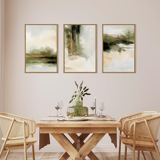 KAIRNE Green Abstract Neutral Framed Canvas Wall Art Set,Modern Watercolor Shapes Wall Decor,Minimalist Pastel Art Prints,Brown Gray Tan Artwork for Living Room,Bedroom,Farmhouse,Office-24 x36 x3