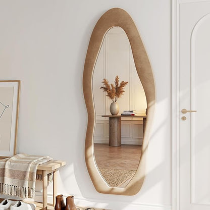 Full Length Mirror, 71"x30" Full Body Mirrors, Flannel Floor Mirrors with Stand, Irregular Wavy Mirror Hanging or Leaning Against Wall for Bedroom Living Room, Brown