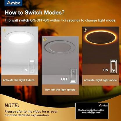 Amico 6 Pack 4 Inch 5CCT LED Recessed Ceiling Light with Night Light, 2700K/3000K/3500K/4000K/5000K Selectable Ultra-Thin Recessed Lighting, 10W=90W, 700LM, Dimmable Canless Wafer Downlight - ETL&FCC
