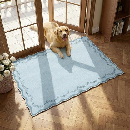 GarveeHome Valentines Scalloped Entryway Rug, 2x3 Solid Blue Washable Front Door Rug Indoor Entrance Floral Carpet Non-Slip Low Pile Throw Rugs for Kitchen, Powder Room, Entry, Bathroom, Kids Room