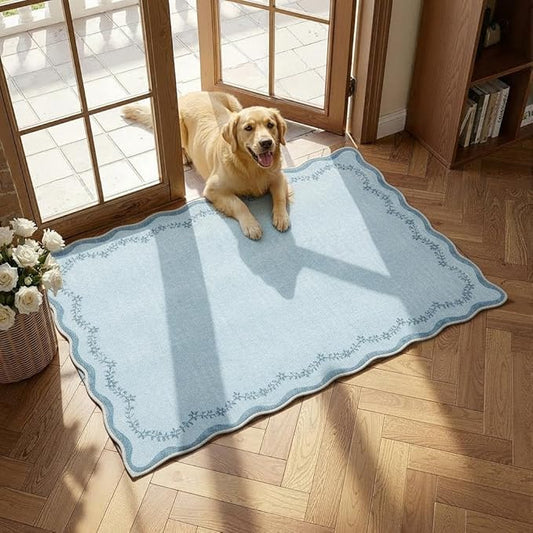 GarveeHome Valentines Scalloped Entryway Rug, 2x3 Solid Blue Washable Front Door Rug Indoor Entrance Floral Carpet Non-Slip Low Pile Throw Rugs for Kitchen, Powder Room, Entry, Bathroom, Kids Room