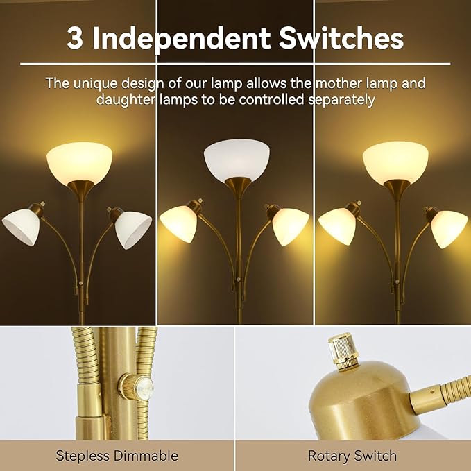 RISLG Floor Lamps for Living Room,Standing Lamp with Stepless Dimming, 3 Lights Adjustable Reading Lights, Morden Tall Lamps for Living Room, Bedroom, Office, Gold