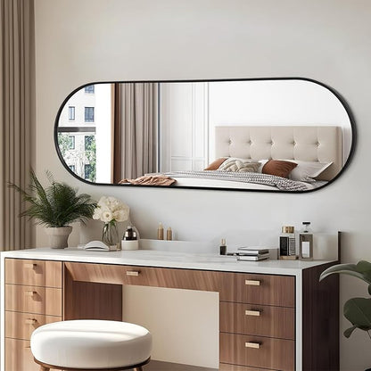 Black Oval Bathroom Full Length Mirror, 48x16'' Pill Shaped Oblong Vanity Wall Mirror, Metal Framed Capsule Aluminum Frame Decor Mirror for Living Room Vanity Bedroom Entryway