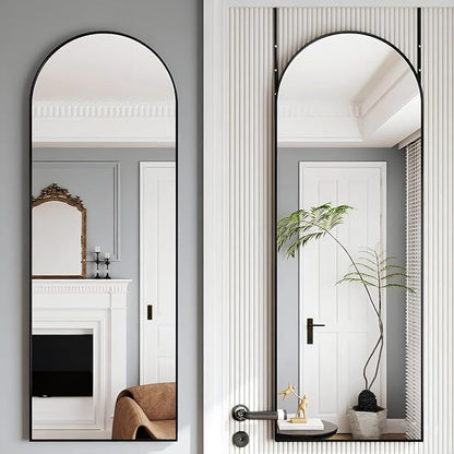Dewfig Door Mirror with Stand, Arched Full Length Mirrors Over The Door, 16"x 50" Hanging or Wall Mirror, Full Body Mirrors for Bedroom,Living Room,Black