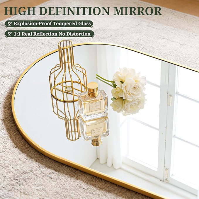 Mirror Full Length 59"x16" Full Body Floor Mirror with Stand, Shatterproof Glass, Aluminum Alloy Frame, Free Standing Wall Mounted or Leaning Arched Mirrors for Bedroom Living Room Entryway