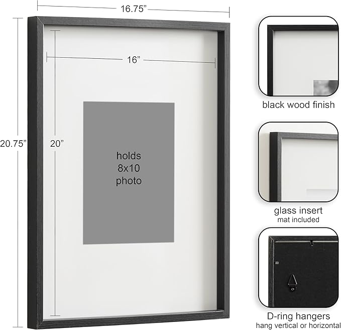 Kate and Laurel Gibson Modern Wall Picture Frame Set of 3; 16x20 matted to 8x10; Black; Three-Piece Frame Set for Gallery Wall Frame Set in Living Room Wall Décor
