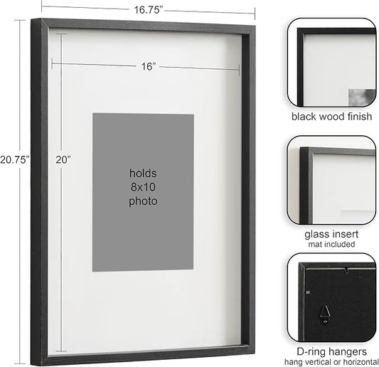 Kate and Laurel Gibson Modern Wall Picture Frame Set of 3; 16x20 matted to 8x10; Black; Three-Piece Frame Set for Gallery Wall Frame Set in Living Room Wall Décor