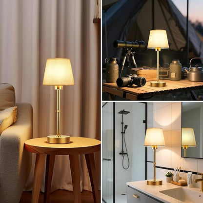 FRIDEKO HOME Rechargeable Table Lamp Gold - Cordless Battery Operated Lamp, Fabric Shade Desk Lamp, Wireless Lamp for Decor Bedroom Dining Table Counter (1pcs-Linen-Bulb Included-15.7in)