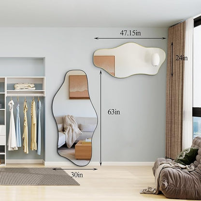 Large Irregular Mirror, 63"x30" Asymmetrical ﻿Tempered Glass Mirrors Full Length, Organic Frameless Wall Mirrors for Living Room Bedroom Entryway Hallway, Hangs Vertically or Horizontally