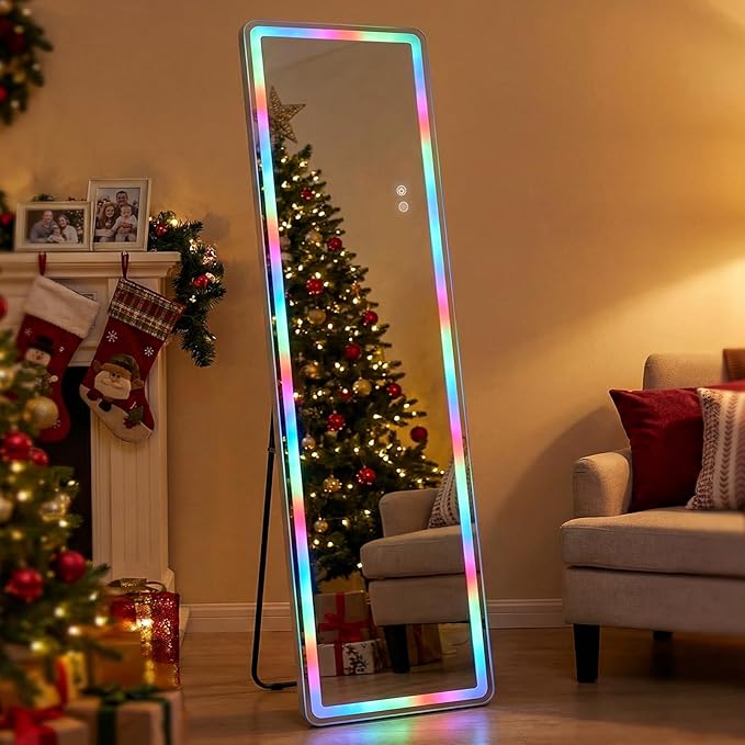 RGB LED Full Length Mirror, 63"x20" Floor Full Body Standing Mirror with 7-Color Changing RGB Lights with Remote & Touch Control, Dimmable Lighted for Gaming Room, Living Room