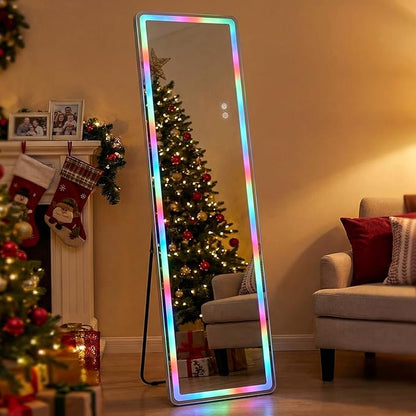 RGB LED Full Length Mirror, 63"x20" Floor Full Body Standing Mirror with 7-Color Changing RGB Lights with Remote & Touch Control, Dimmable Lighted for Gaming Room, Living Room
