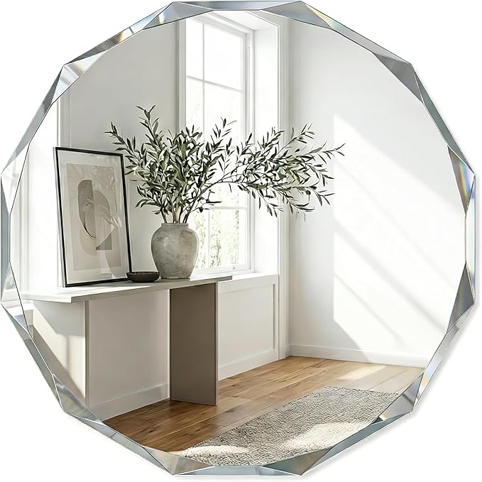 30 Inch Large Faceted Round Wall Mirror, Diamond-Beveled Circle Bathroom Mirror with Solid Backing, Big Sparkle Decor Mirror for Living Room, Fireplace & Master Vanity