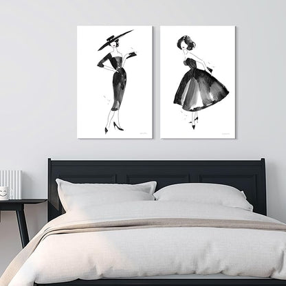 2 Pieces Fashion Women Canvas Wall Art Trendy Models Painting Black and White Funky Poster Pictures Framed Artwork for Bedroom Bathroom Makeup Room Decor 12"x16" (30cmx40cm)