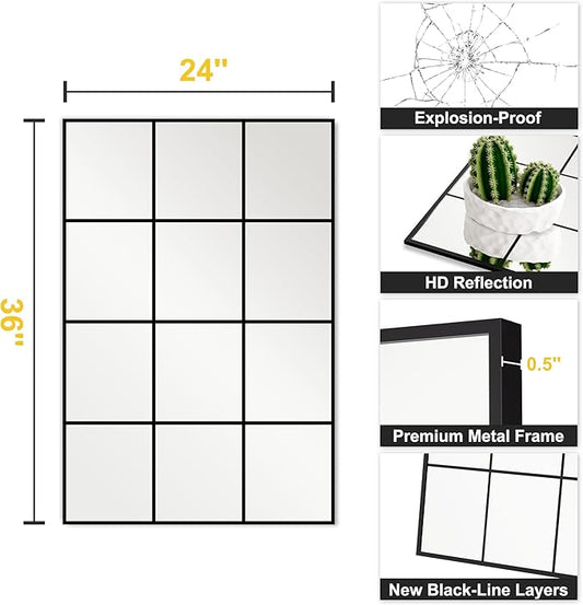 Window Pane Wall Mirror, 36"x24" Wall Mounted Window Mirror for Living Room, Bedroom, Entryway, Dining Room, Home Wall Decor