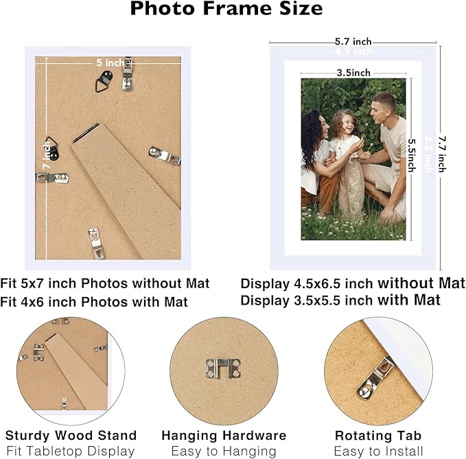 JCJMY 10 Packs 5x7 Picture Frame Bulk, Display 4x6 with Mat or 5x7 Without Mat, White Gallery Frame Set, 5 by 7 Frames Bulk Set of 10, Collage Wall Decor Photo Frame Set for Wall and Tabletop, White