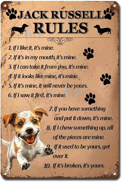 Metal Sign Tin Sign Vintage Wall Art Jack Russell Rules Tin Sign Paper for Home Decor 12×16 Inches
