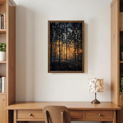 JLTULT Framed Enchanted Forest Firefly Canvas Wall Art, Dark Twilight Landscape Wall Decor, Rustic Botanical Nature Tree Art Prints for Bedroom Living Room Office Decoration 20x30 inch Easy to Hang