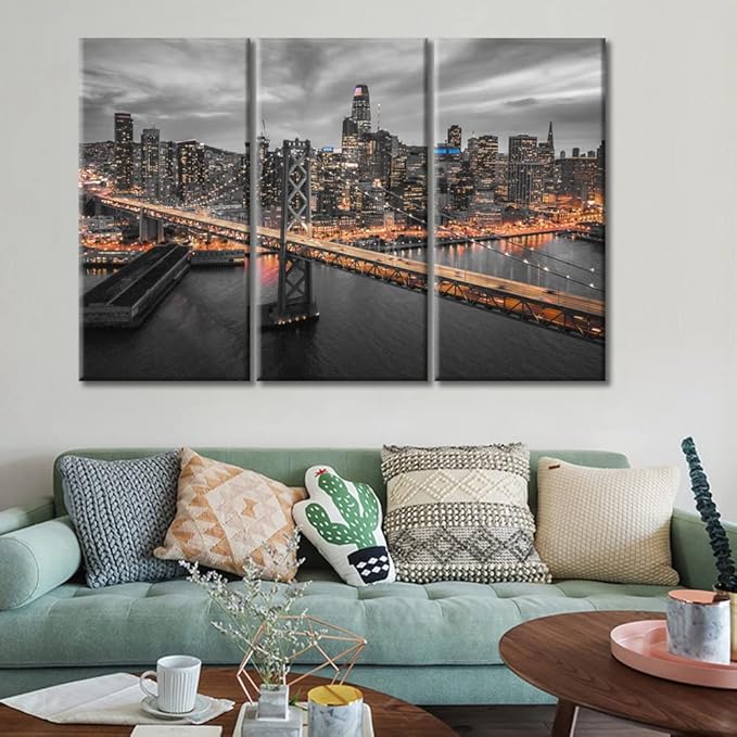 TUMOVO San Francisco and the Bay Bridge at Night Wall Art City Skyline Skyscrapers Pictures Bathroom Decor Wall Art 3 Panel Contemporary Home Decor Print on Canvas Framed Ready to Hang (36" Wx24 H)
