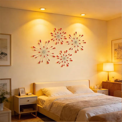 ZEXUIRU 4 Pcs Red Starburst Wall Decor Metal Bling Wall Art Crystal Accents 3D Modern Decoration Glam Hanging Sculptures for Living Room Bedroom Office Teen Girl Room – Easy to Hang Home Decor Set