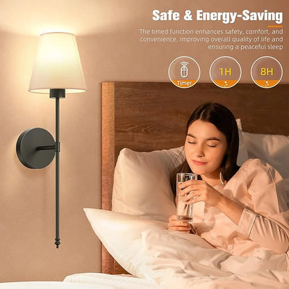 NIORSUN Battery Operated Wall Sconce Set of 2,Black Rechargeable Wall Lights with 5200mAh Dimmable Bulbs and Remote,10 Colors Wireless Wall Lamps for Bedroom Living Room Hallway Decor