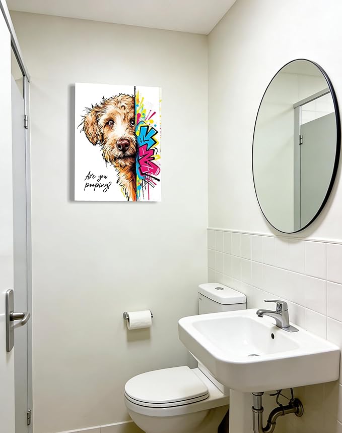 12x16“ Funny Goldendoodle Dog Bathroom Wall Art, Are You Pooping? Graffiti Pet Canvas Print, Humorous Restroom Poster Decor for Bathroom Toilet, Modern Pop Art Dog Lover Picture (Framed)