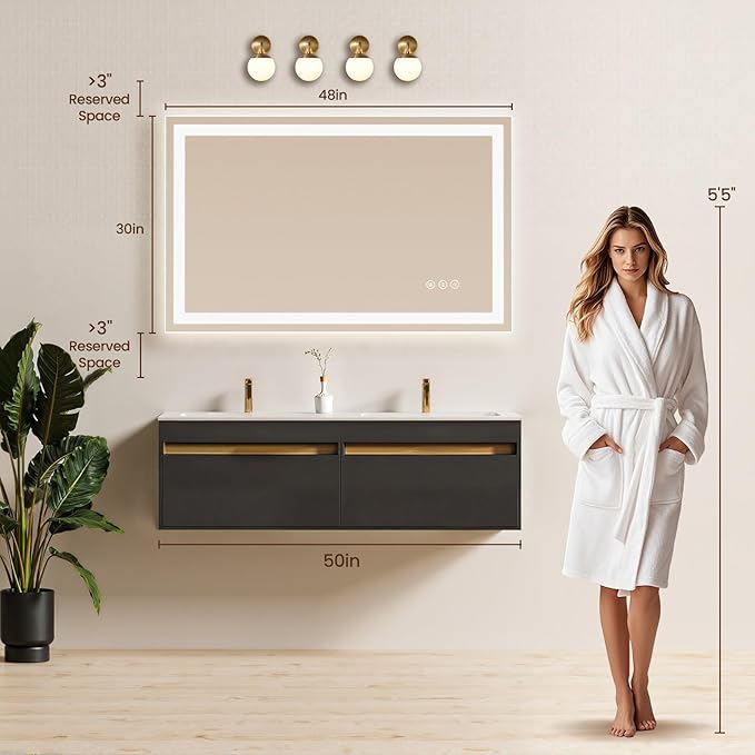 48X30 LED Bathroom Mirror with Lights, Anti-Fog, Backlit + Front Lit, Lighted Bathroom Vanity Mirror for Wall, Memory Function, Dimmable, Tempered Glass, Shatter-Proof