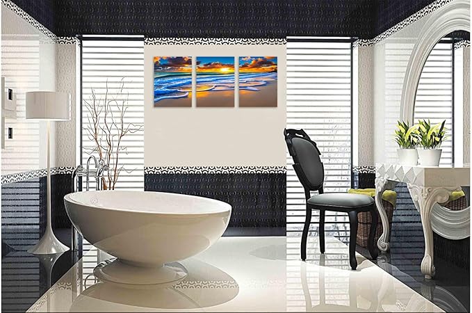TutuBeer 3 Pcs Wall Decor Beach Ocean Pictures Sunrise over the Beach Pictures Print on Canvas Seascape Canvas Coastal Wall Art Ocean Wall Art Stretched and Framed 16" x32" x 3