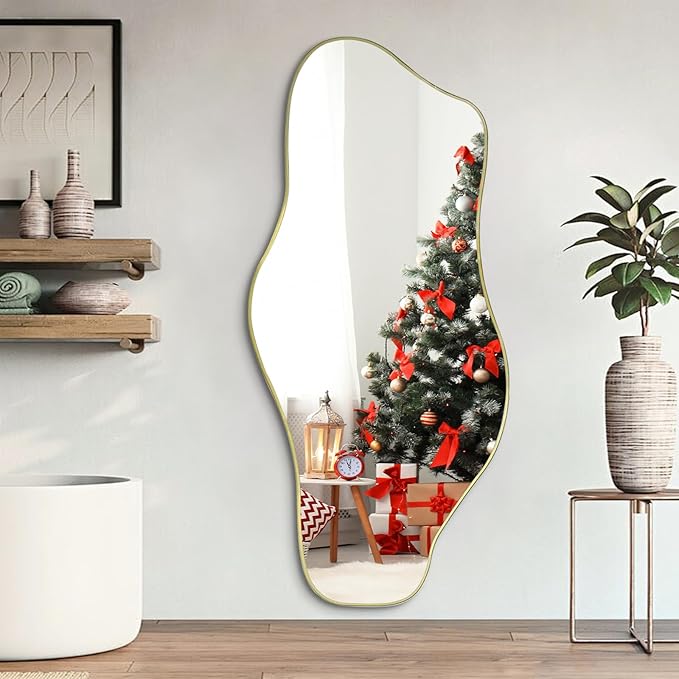 Large Irregular Mirror, 59"x25.5" Asymmetrical Frameless Mirrors, Gold Organic Shape Wall Mirrors for Living Room Bedroom Hallway Entryway, Horizontal or Vertical Hanging
