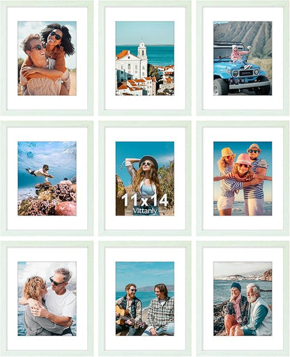 Vittanly 11x14 Picture Frames Set of 9, Shatter Resistant Plexiglass, Display 8x10 Pictures with Mat or 11x14 without Mat, Photo Frames for Wall or Tabletop, Engineered Wood, Vintage Green