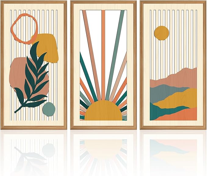 IARTTOP Boho Sunrise Wall Art Framed Set of 3 Mid Century Modern Wood Wall Decor Sage Green Minimalist Botanical Abstract Geometric Art Prints for Living Room Bedroom Office 8 x16Inch