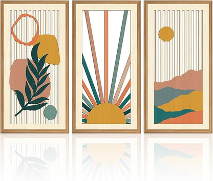 IARTTOP Boho Sunrise Wall Art Framed Set of 3 Mid Century Modern Wood Wall Decor Sage Green Minimalist Botanical Abstract Geometric Art Prints for Living Room Bedroom Office 8 x16Inch