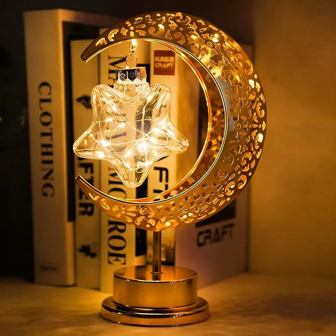 Gold Moon Table Night Light with Hanging Star Ramadan Decorative Lamp Battery Operated Suitable for Home Bedroom Shop Dining Table Holiday Party Eid Festival Decoration (Gmoon-WW-Star)