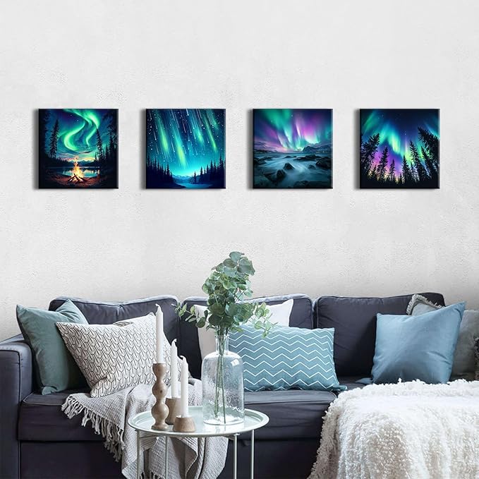 Northern Lights Wall Art Aurora Mountain Scenery Pictures Wall Decor Colorful Forest Landscape Canvas Prints Paintings Nature Aurora Borealis Posters Farmhouse Artwork Living Room Decoration 12x12”
