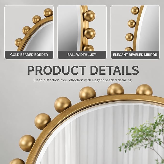 24"x36"Oval Wall Mounted Bathroom Mirror with Beveled Glass, Antique Gold Beaded Ball Frame, Vertical & Horizontal Hanging Vanity Wall Mirror for Bathroom, Bedroom, Entryway, Dressing Room