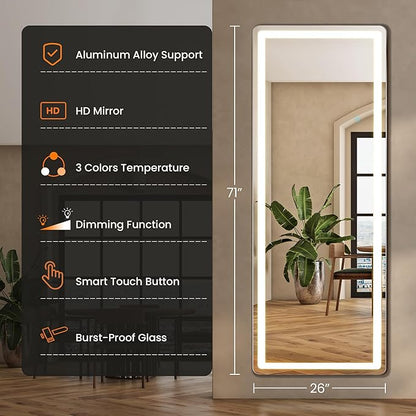 71" x 26" Arched Full Length Mirror with LED Lights, Floor Mirror with Stand, Wall Mirror Full Length, Body Floor Mirror, Wall Mounted Mirror for Bedroom, Dimmable, Tempered Glass