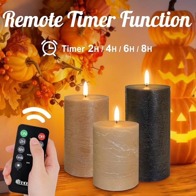 LEDHOLYT Rechargeable Flameless LED Pillar Candles–Luminous Real Wax Indoor Home Decor–Set of 3, Realistic Flickering LED Flame,Remote & Timer, USB-Rechargeable（Caramel Beige）