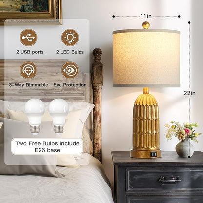 Cinkeda Table Lamps for Bedroom Set of 2, Farmhouse 3-Way Dimmable Touch Nightstand Lamp with 2 USB Charging Ports, Vintage Rustic Traditional Bedside Lamp for Living Room End Table