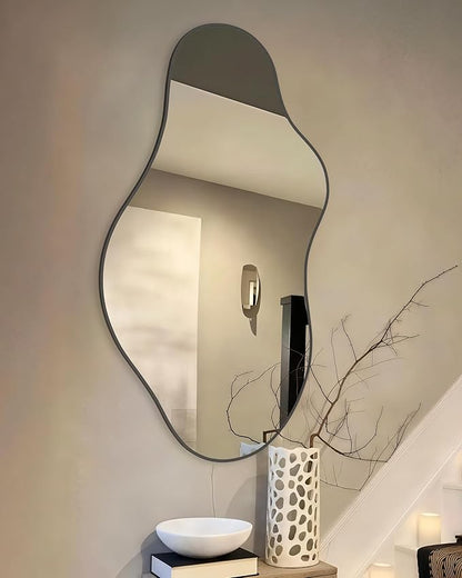 Irregular Asymmetrical Wall Mirror 20x35 Inches - Decorative Tempered Glass with Modern Aluminum Alloy Frame, Black Abstract Cloud Mirror for Bathroom, Bedroom, Living Room, Entryway, Cloakroom