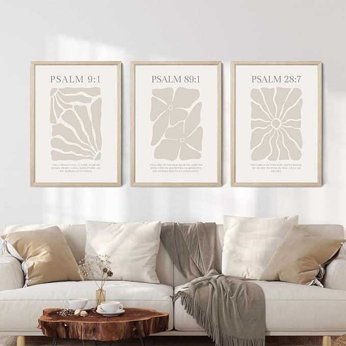 Scripture Christian Wall Art Set of 3 Beige Bible Verses Wall Decor Neutral Psalm Canvas Wall Art Modern Pictures Flower Prints Christian Artwork for Living Room Bedroom 16x24 Inch Framed