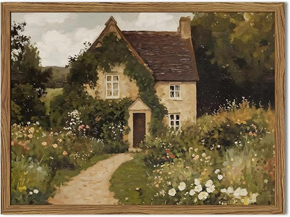 Vintage Cottage Core Wall Art, Farmhouse Landscape Wall Decor Painting Country House Artwork 3D Textured Hand Drawn Sandstone for Bedroom Living Room 16x24 inch Wood Framed