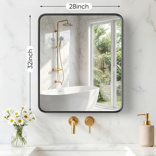 NEWBULIG 28X32 Inch Bathroom Mirror for Over Sink, Wall Vanity Mirrors Tempered Glass, Anti-Rust Metal Framed Rounded Rectangle, Hangs Horizontally or Vertically, Farmhouse Home Decor, Black