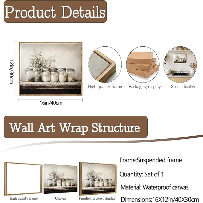 Floating Framed Kitchen Wall Art Vintage Mason Jar Wall Decor Rustic Farmhouse Culinary Still Life Canvas Prints Painting Botanical Herb Spice Poster Pictures for Dining Room Living Room 12x16 Inch