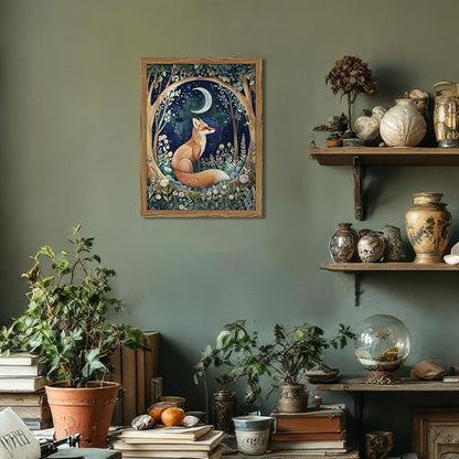 Framed 3D Textured Vintage Wall Art - Cottagecore Hand Drawn Sandstone Fox Paintings Wall Decor, Whimsical Forest Animal Floral Botanical Aesthetic for Bedroom Living Room Nursery 16x24 inch