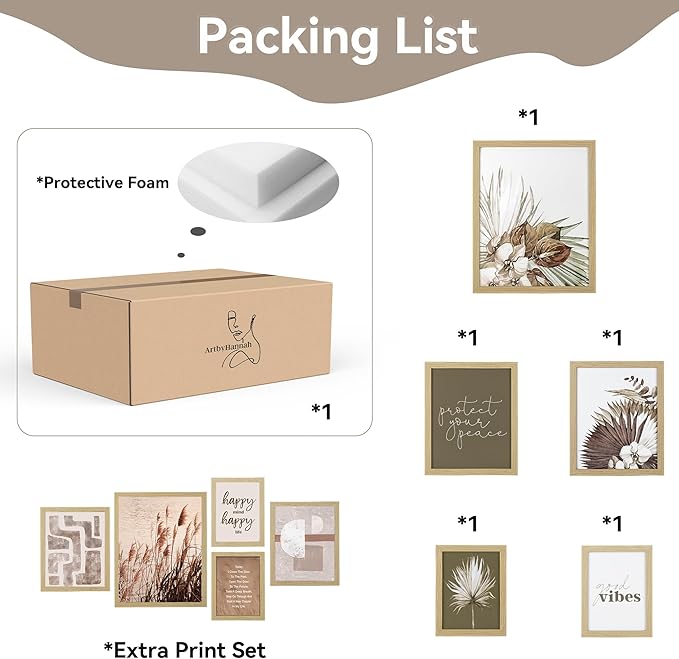 ArtbyHannah Gallery Wall Frame Set, 5 Piece Neutral Picture Frames Collage Set with Art Prints for Stairway Living Room Wall Decor, Multi-Size 11''x14'' 8''x10'' 6''x8''
