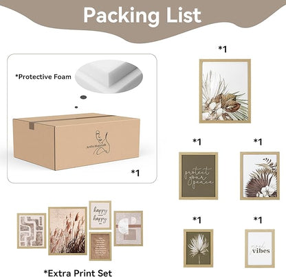 ArtbyHannah Gallery Wall Frame Set, 5 Piece Neutral Picture Frames Collage Set with Art Prints for Stairway Living Room Wall Decor, Multi-Size 11''x14'' 8''x10'' 6''x8''