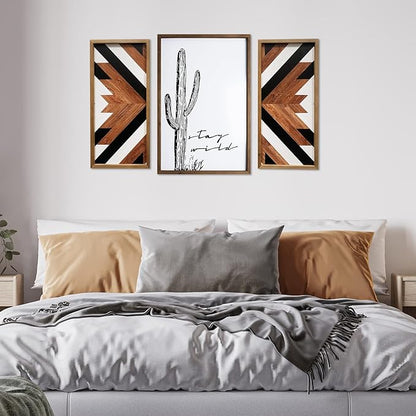 2 Pcs Western Aztec Wall Decor With Wood Framed, 20.9x9.8 Inch Wooden Southwestern Boho Wall Art, Native American Living Room Bedroom Guest Bathroom Rustic Decorations for Home