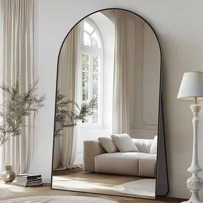 Full Length Mirror, 91"x46" Oversized Floor Mirror Freestanding, Full Body Floor Standing Mirrors with Stand, Hanging Mounted for Bedroom Living Room, Black, Arched Style