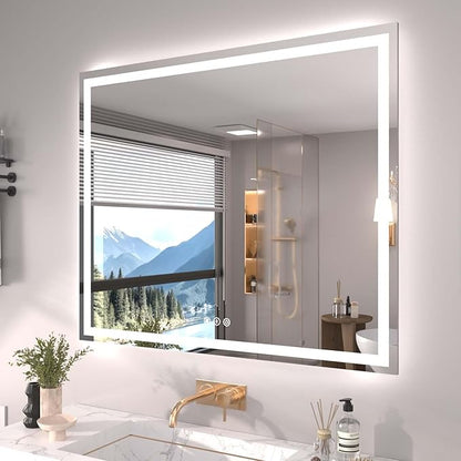 Snowdool 48"X40" LED Bathroom Mirror with Front Lights and Backlit, Anti-Fog, Dimmable, Shatter-Proof Tempered Glass, Lighted Bathroom Vanity Mirror for Wall with 3 Colors, Memory Function