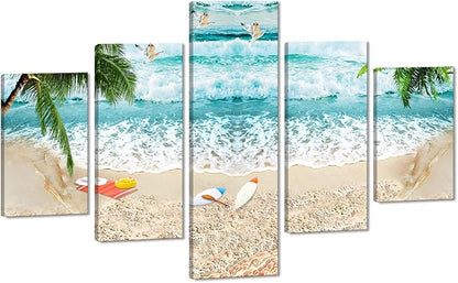 Surfing Waves Beach Picture Paintings Canvas Wall Art for Living Room Bedroom Home Decor Prints and Posters Modern Seascape Landscape 5 Panels Framed Stretched Gallery Wrap Giclee (60''W x 40''H)